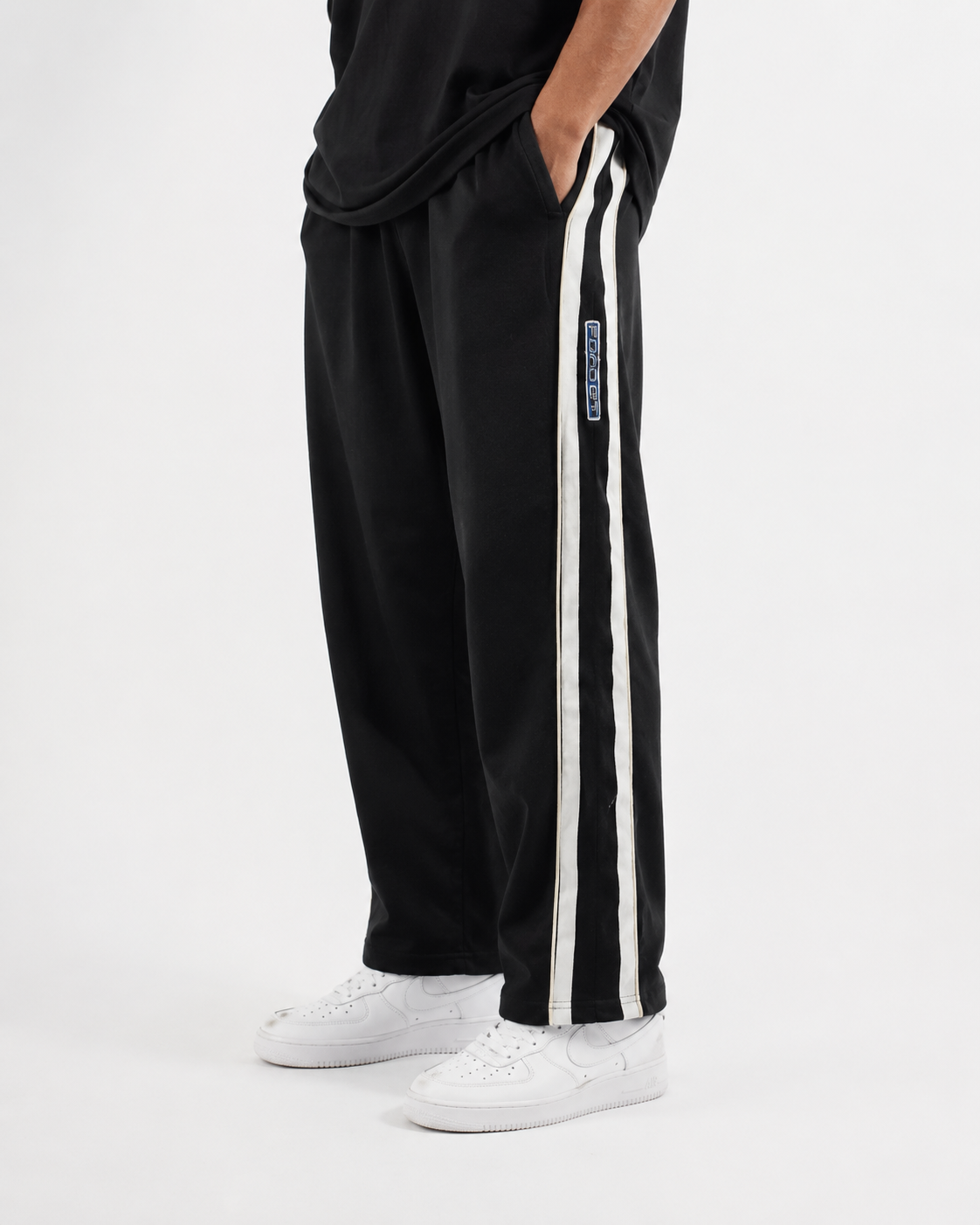 Double Stripe Wide Cotton Joggers- Black