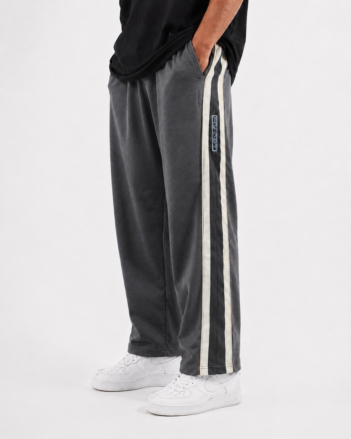 Double Stripe Wide Cotton Joggers- Gray
