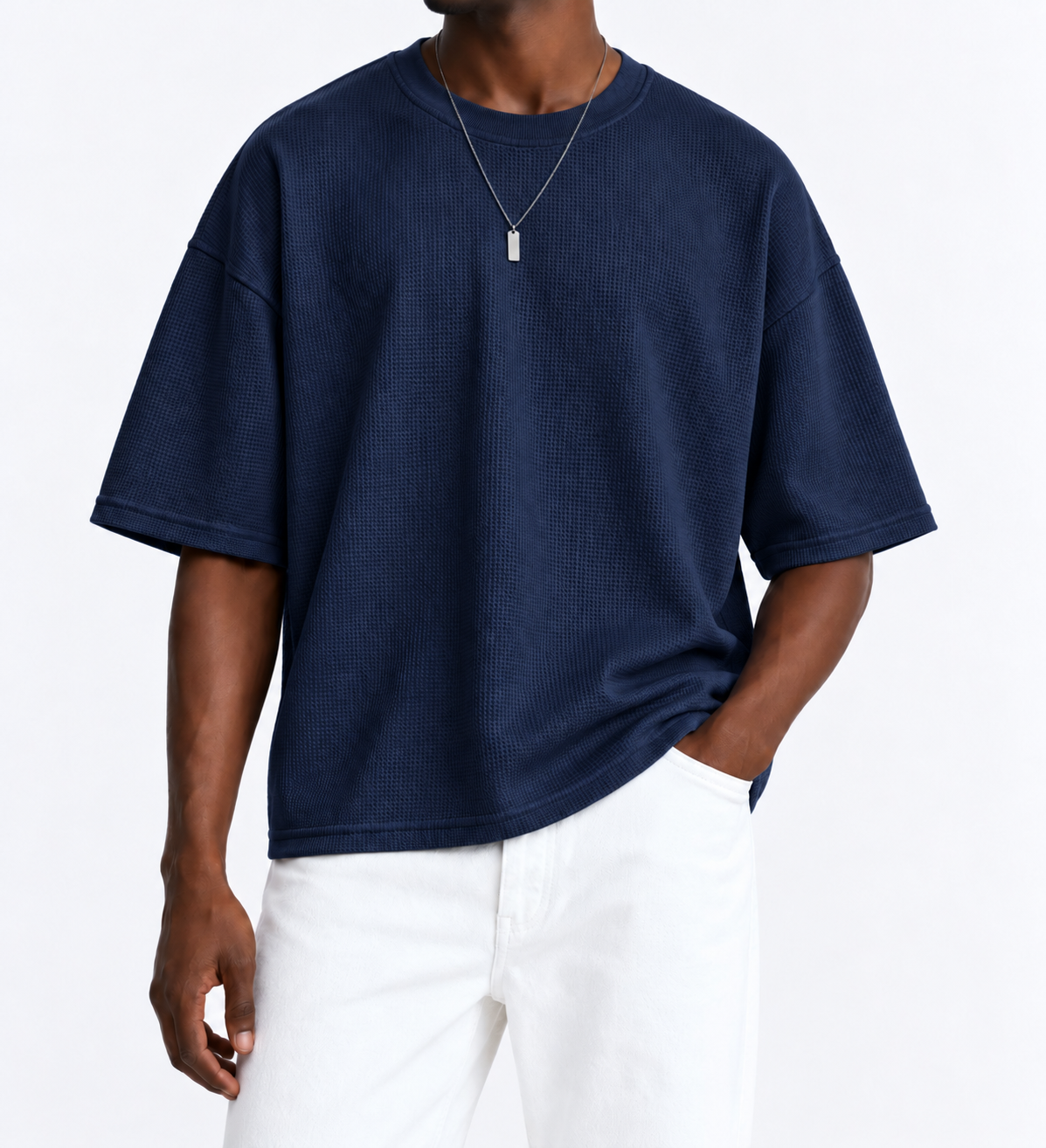 Premium Waffle Oversized Drop Shoulder- Navy Blue - Image 2